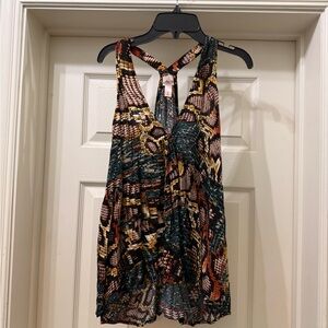 Sleeveless V-Neck Printed Blouse in Teal, Pink & Black